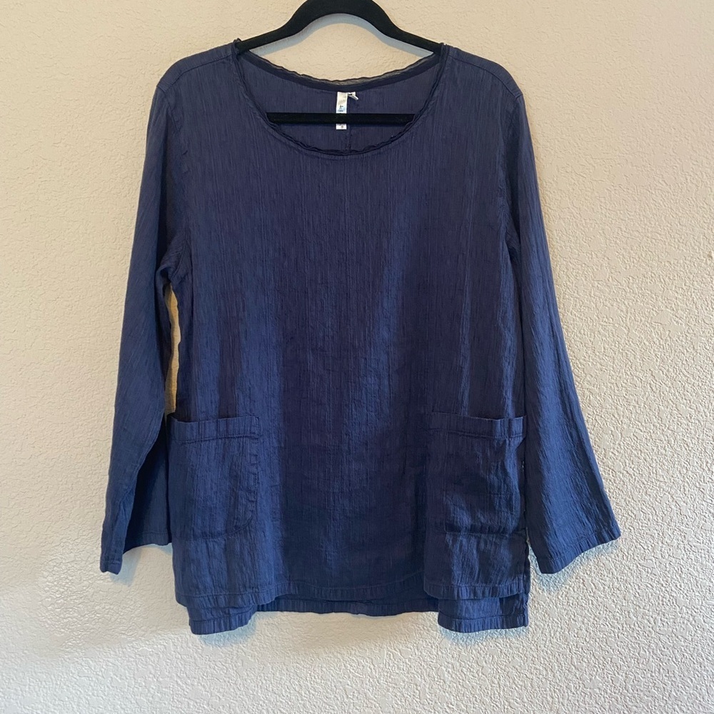EUC Kleën Women’s Top Blouse Blue Boho Hippie Patch Pockets Lagenlook Sz M